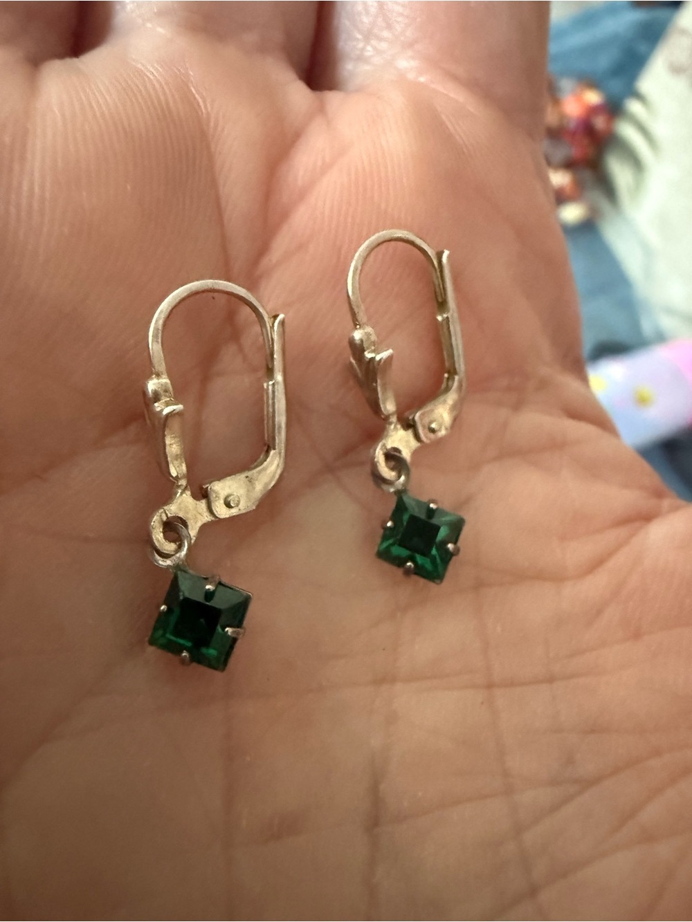 Gold Leverback Earrings with Emerald Green Square Stones